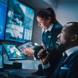 Two security officers look at activity feeds on monitors