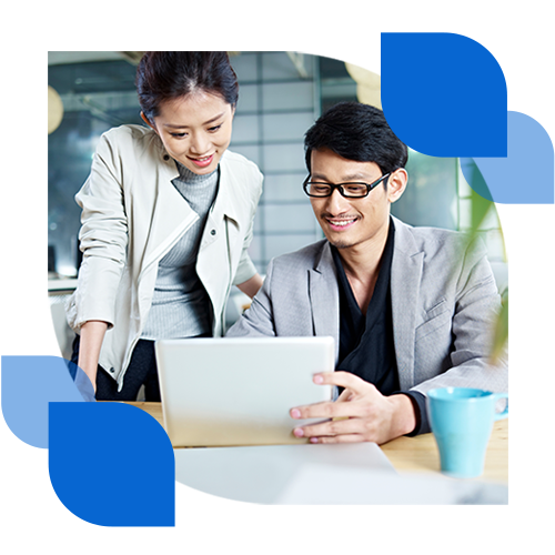 SAS solutions for your industry Smiling businesswoman at computer in office